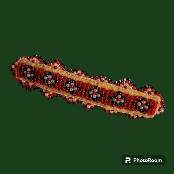 HANDMADE Red Leather Seed Beaded Navajo Style Barrette - Picture 1 of 3